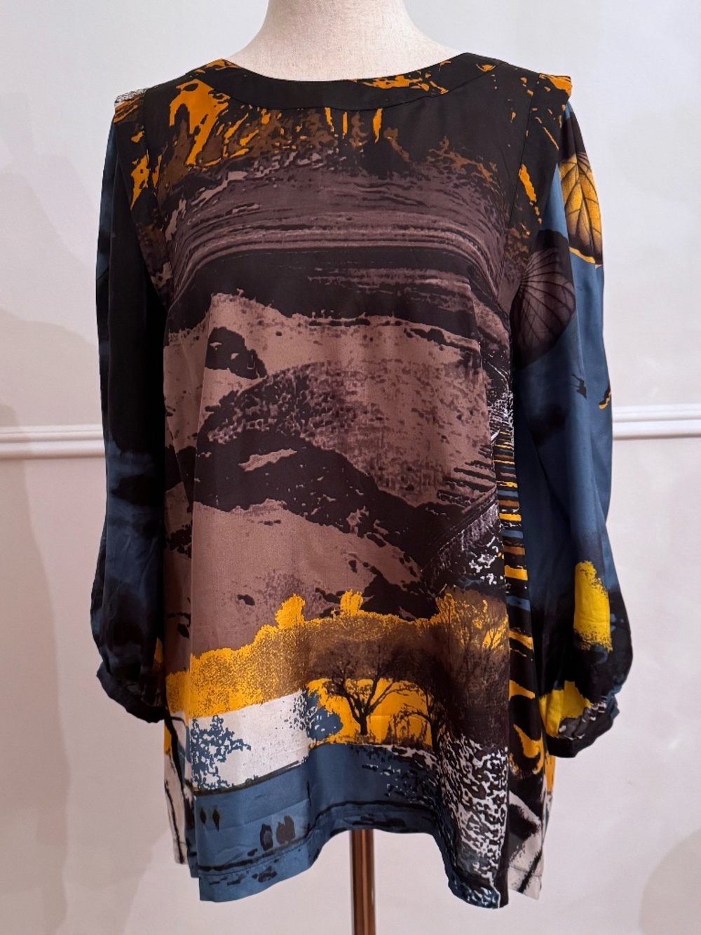 See by Chloé Silk Landscape Print Colorblock Tunic Zip Back Size 10